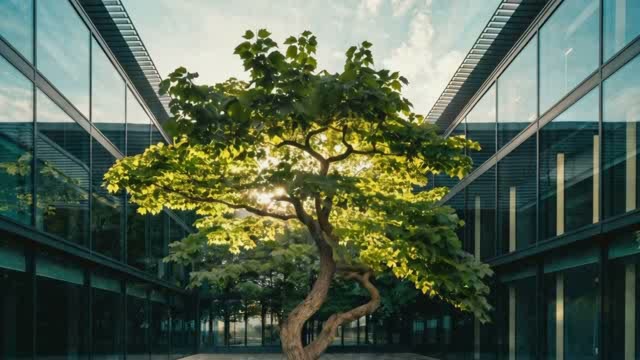 A tree growing at the centre of a modern glass office courtyard