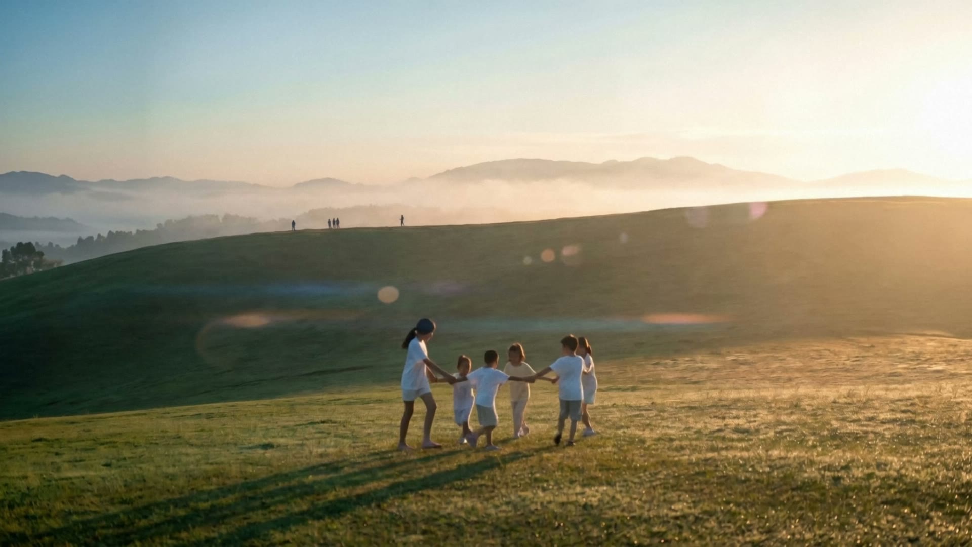 Children holding hands on a sunlit hillside