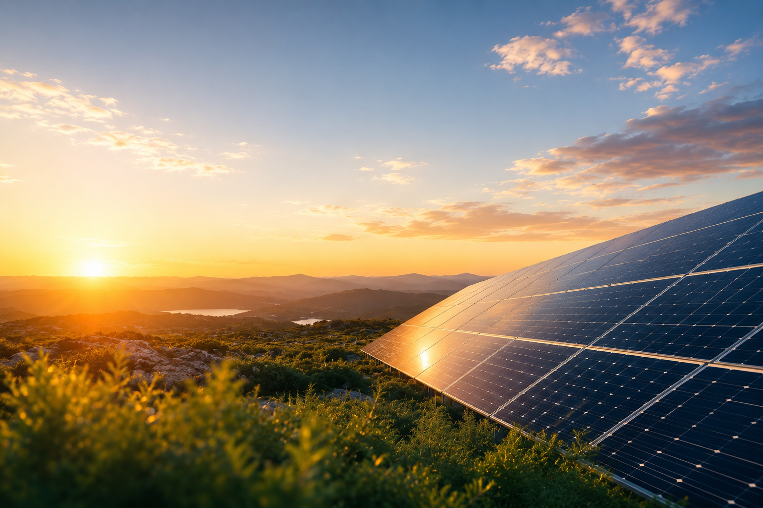 Rows of photovoltaic solar panels under an open sky